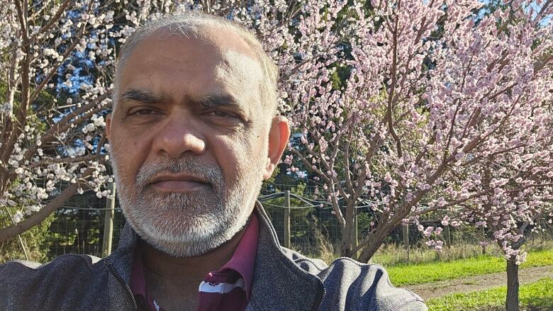 A man stands in fron of blooming apricot trees.