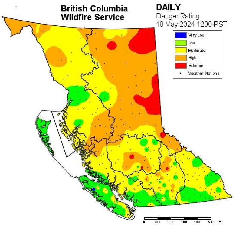 A map showing the province of B.C., with the far northeast at high fire risk.