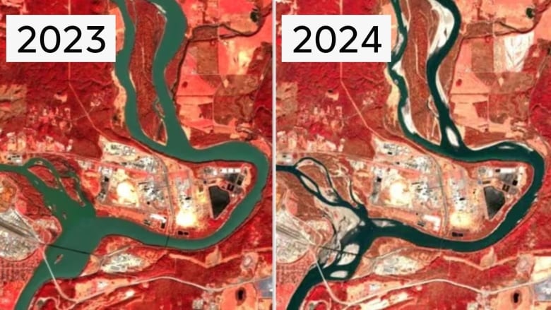 Side-by-side handout images, shown in infrared, taken by the European Space Agency's Sentinel-2 satellite show the confluence of the Nechako and Fraser Rivers in Prince George, B.C. on May 3, 2023 (left) and April 19, 2024 (right).