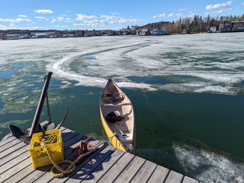 Looking from a dock where a canoe is tied in icy water.