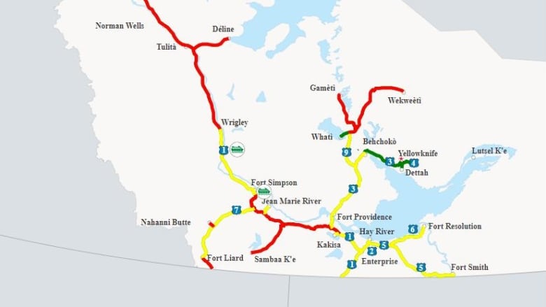 A map of NWT highways with closures highlighted in red 