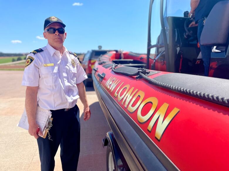 Man in uniform standing beside Zodiac.