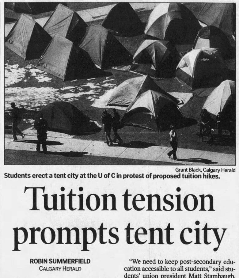 Tents erected at the U of C campus in protest of planned tuition hikes in 2003 are seen in this black-and-white newspaper photo from the time. 