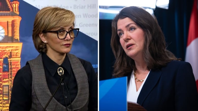 two side-by-side photos of two different women who are both speaking into microphones on podiums.