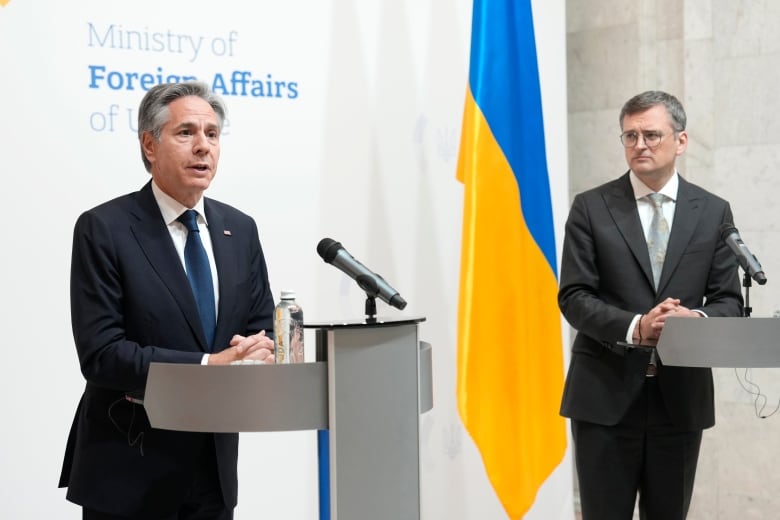 U.S. Secretary of State Antony Blinken (left) is seen speaking at a news conference in Kyiv, alongside his Ukrainian counterpart, Ukrainian Foreign Minister Dmytro Kuleba.