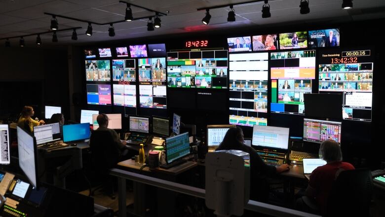 Television screens inside a CBC control room at the CBC Broadcasting Centre in Toronto.