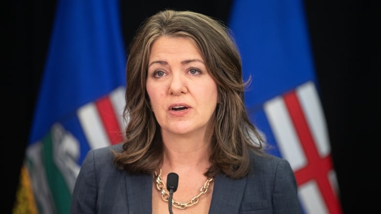 A woman with brown hair wearing a blazer speaks into a microphone.