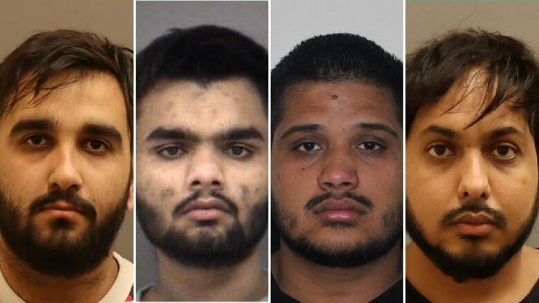 A composite image of four mugshots. All four are men with brown skin, black hair and beards.