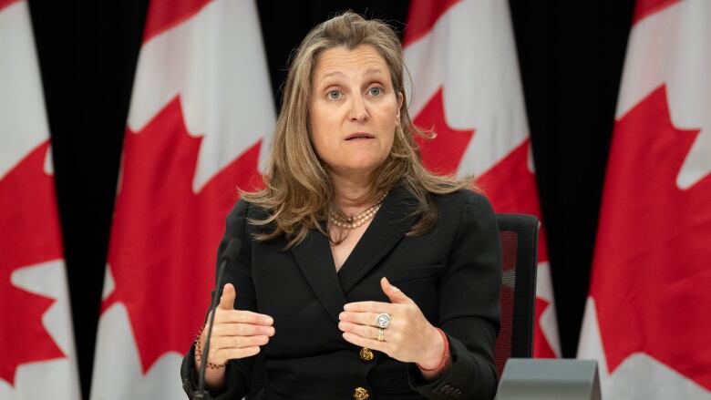 Chrystia Freeland is wearing a brown suit and sitting at a table with Canada flags in the background while she speaks into the camera. 