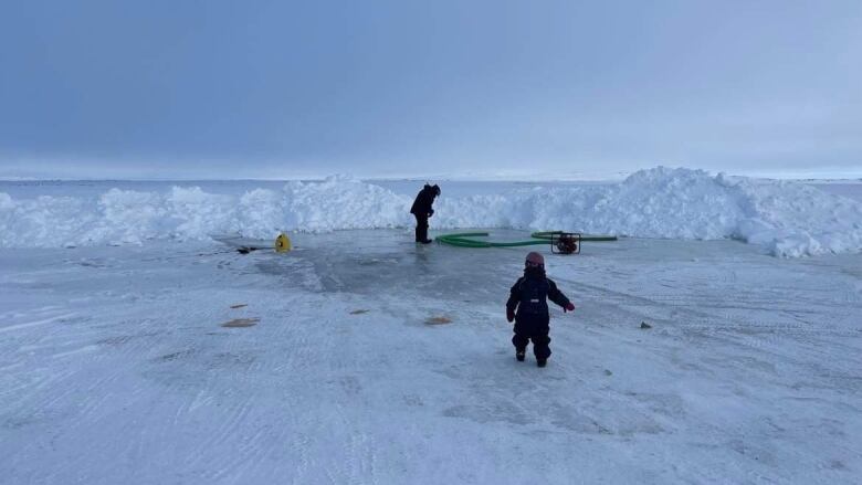 Woman looks at frozen lake, with a child in the forefront. 