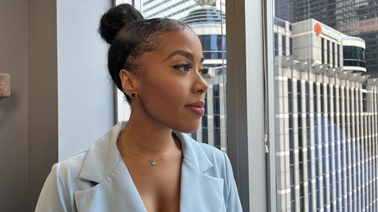 Patricia Jaggernauth, a former weather specialist, remote reporter and co-host with Bell, is seen at her lawyer's office in Toronto. 