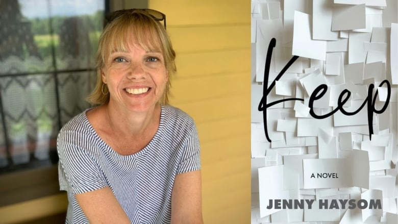 A woman with short blonde hair wearing a striped shirt and glasses on her head and the book cover with a collage of blank pieces of paper