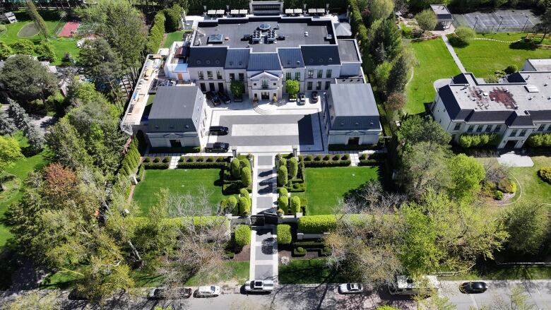 An aerial shot of a mansion.