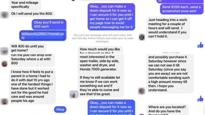 A series of text bubbles in the Meta app Messenger shows several of Lesa Lowery's Facebook friends talking to the scammer about the items the scammer is fraudulently offering for sale. They are discussing prices and arranging to send money for deposits on the items.