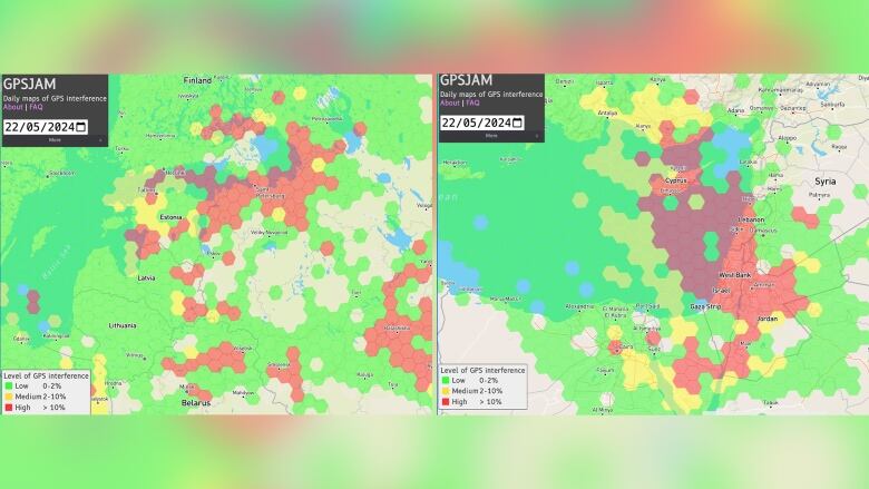 Two maps with multi-coloured hexagons all over them.