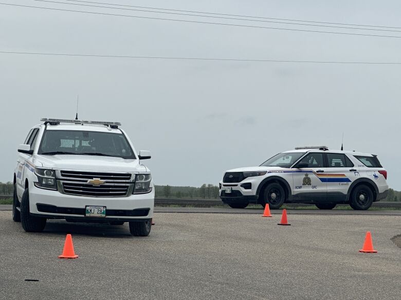 Two RCMP vehicles are parked on a highway. A few orange cones are shown on the road. 