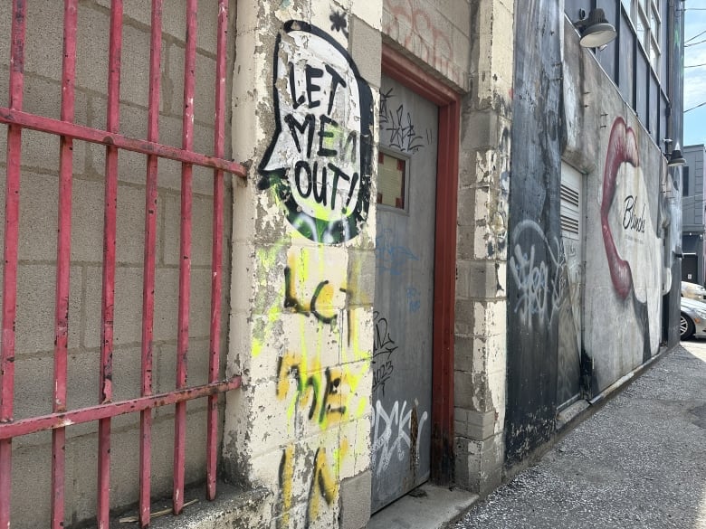 Graffiti in a downtown Windsor alley says, 'Let me out,' and then below it, it reads, 'Let me in.'