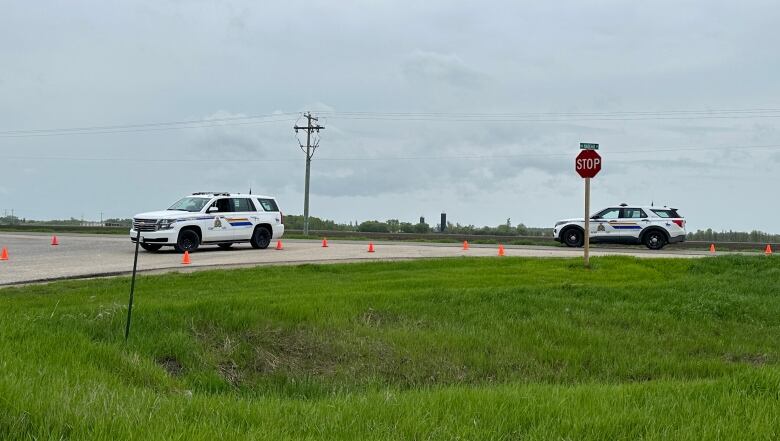 Two RCMP vehicles are parked on the side of a highway near a stop sign and are surrounded by multiple orange cones on the road. 