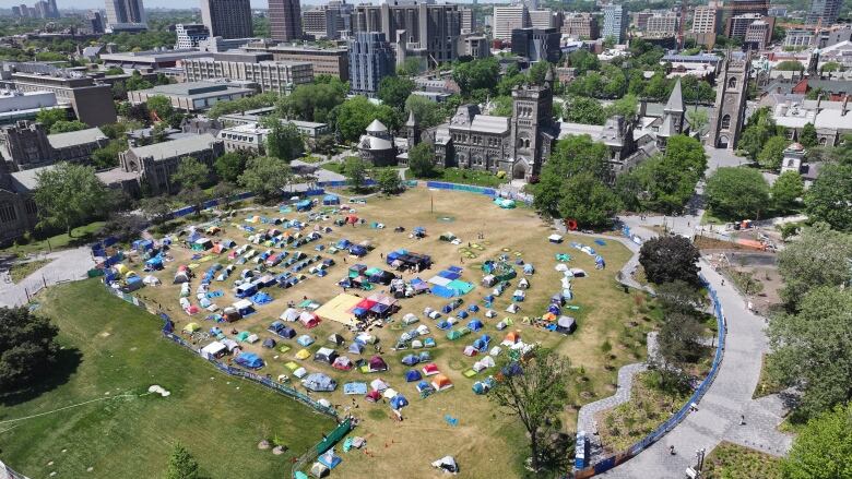 Aerial (drone) images of the Pro-Palestinian protest encampment at University of Toronto's King's College Circle. 