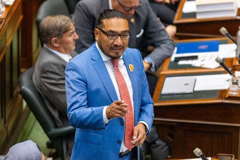 Ontario  NDP MPP Sol Mamakwa ask a question during question period at Queen's Park in Toronto on Tuesday, Sept. 26, 2023. THE CANADIAN PRESS/Carlos Osorio