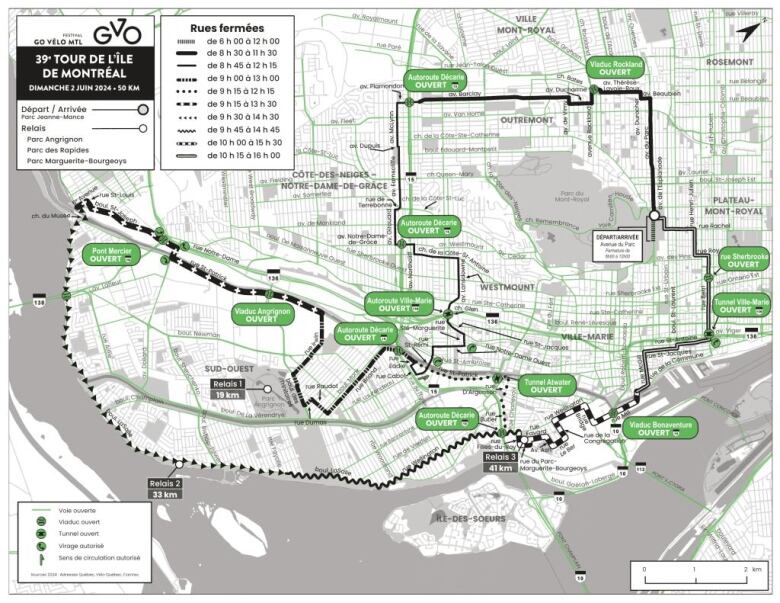 The route for Sunday's Tour de L'ile stretches through several neighbourhoods, mostly in the area around Mount-Royal and in the southwest.