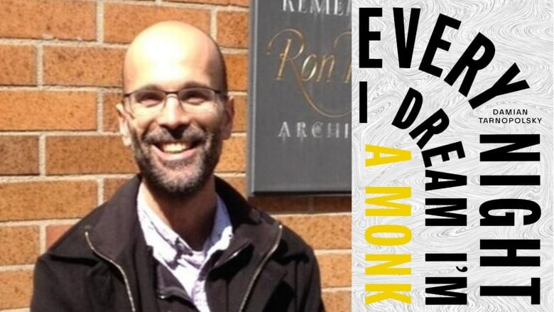 A smiling man with a beard wearing glasses and smiling at the camera while standing in front of a brick wall and the book cover with the title written in black and yellow letters