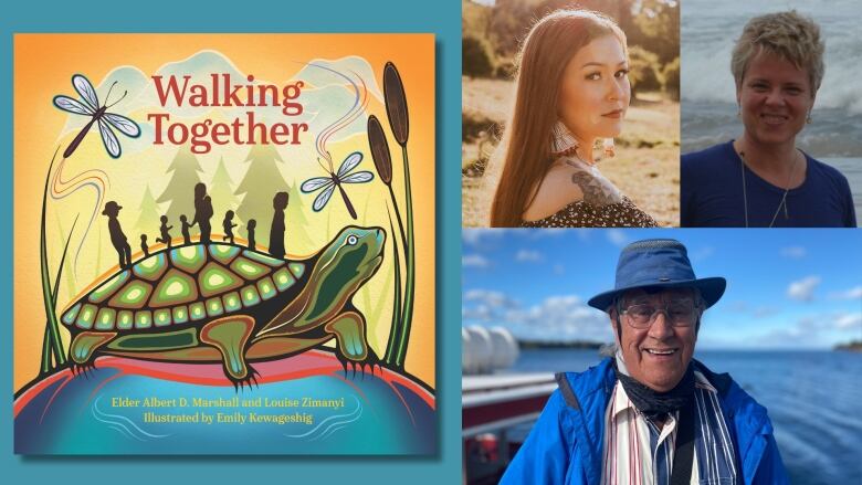 Walking Together, a  picture book by Elder Dr. Albert D. Marshall & Louise Zimanyi, illustrated by Emily Kewageshig. The front cover shows a large turtle with numerous people, in shadow, standing on top of it, with water beneath it. The composite also shows the three picture book's creators. 