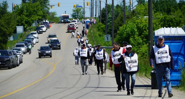 photo of strikers lining a street