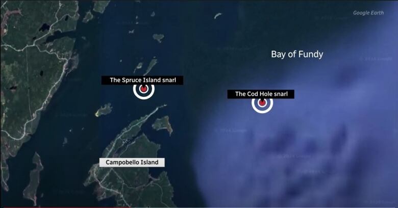 A map pointing two locations of concentrated ghost gear in the ocean.