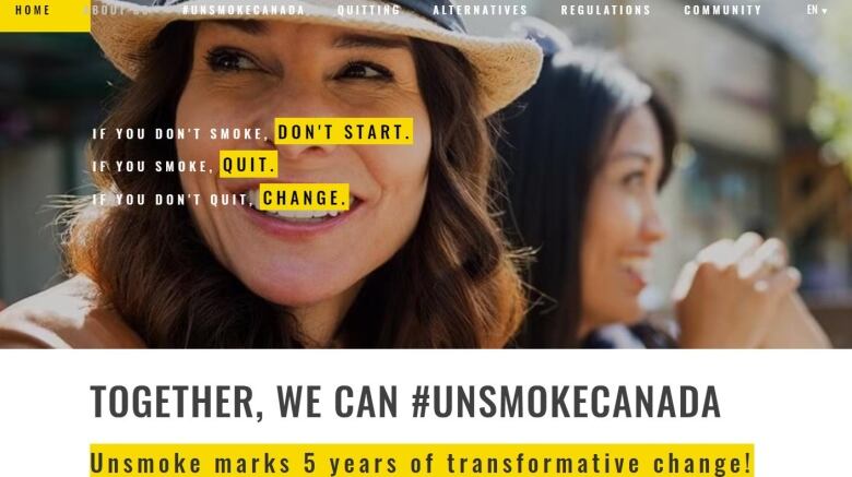 A screenshot of Unsmoke Canada's landing page. There is an image of two smiling women outside. The main text seen says TOGETHER, WE CAN #UNSMOKECANADA.