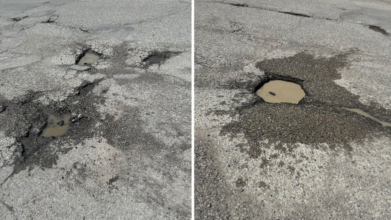 two images side by side show potholes and cracks in a road in calgary.