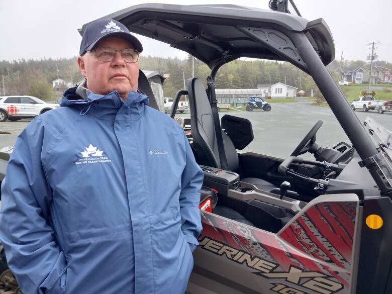 Man in blue coat standing next to an ATV.