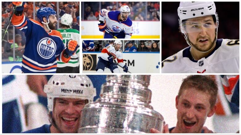 A collage of images including NHLers Brandon Montour, Adam Henriqu, Carter Verhaeghe and Darnell Nurse along side a photo of Wayne Gretzky and Mark Messier lifting the Stanley Cup.