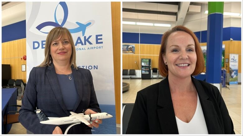 A collage photo of two women. On the left, a smiling woman wearing a business suit holds a model airplane. On the right, a smiling woman with short red hair stands in the baggage claim area of an airport.