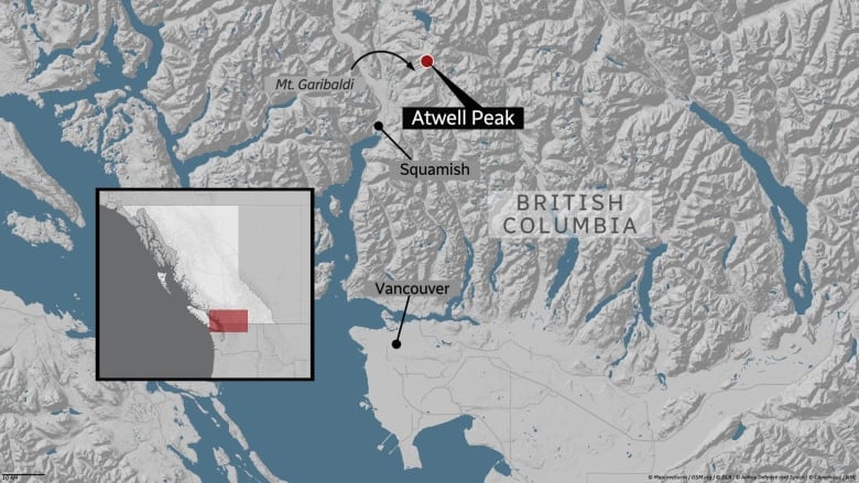 A map showing the location of Atwell Peak in relation to Vancouver and Squamish.