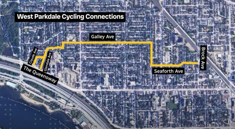 A map showing a proposed bike route that goes from the Queensway to Brock Ave. in Toronto. 