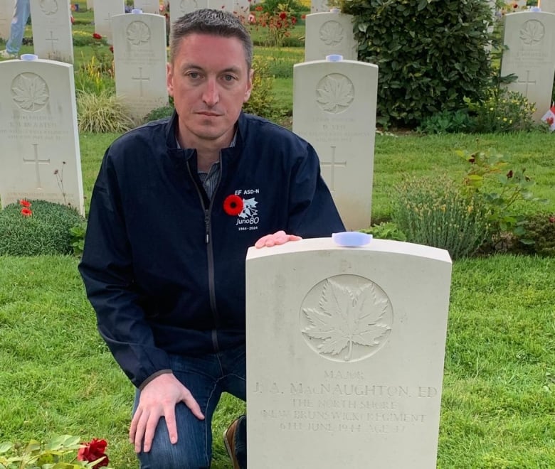 A man kneeling next to a headstone