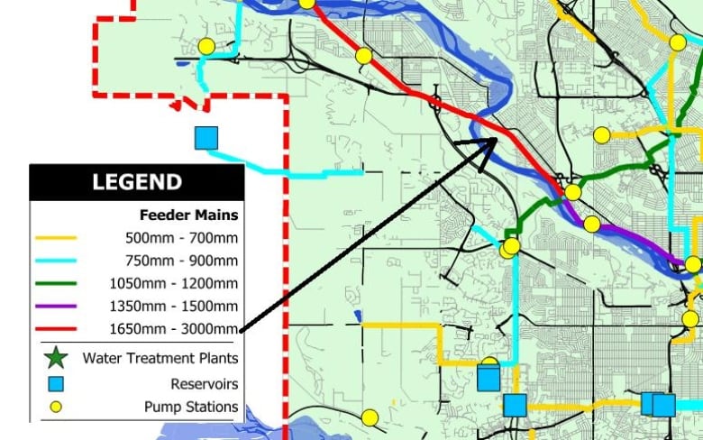 a map shows feeder mains in Calgary's water system 