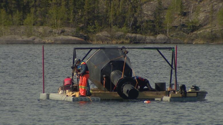 The aerator -  a Tibean ICE unit - sits on a makeshift dock on Yellowknife's Frame Lake.