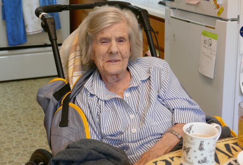 A woman is seated in a wheelchair in a blue and white blouse.