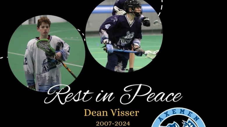 A poster commemorating the victim including two photos of a young lacrosse player and the lacrosse club's logo. 