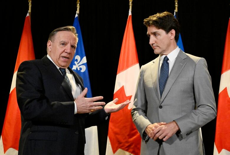 Two politicians speak in front of row of Quebec and Canadian flags.