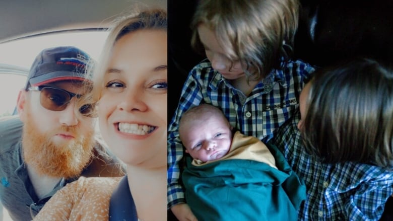 A collage shows a smiling couple on the left, and on the right two boys hold their new baby brother.