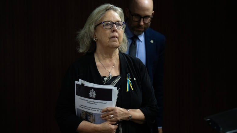 Green Party Leader Elizabeth May and MP for Kitchener Centre Mike Morrice arrive for a news conference on the NSICOP report in Ottawa on Tuesday, June 11, 2024.