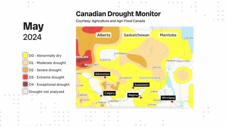 Map showing a significant improvement in drought conditions across the Prairies at the end of May.