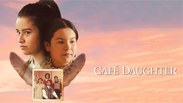 Two young girls with brown hair (heads close together). Below them are two feathers. There is an old photograph of a family below their image. Against a salmon, orange and mauve sky. The words, Cafe Daughter, are in white to the left of the girls' image.