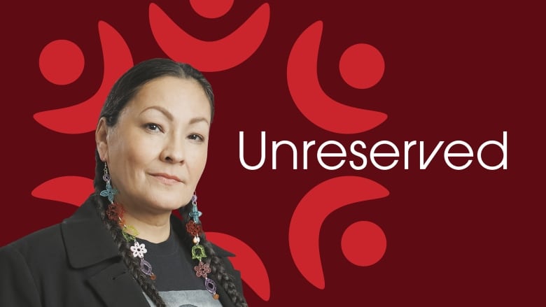 A woman with dark breaded hair, wearing beaded earrings and black jacket and grey and black t-shirt against a background of an Indigenous design of bright red against a deep red. The word 