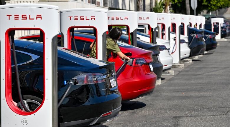 Several electric vehicles of different colours are shown at charging stations