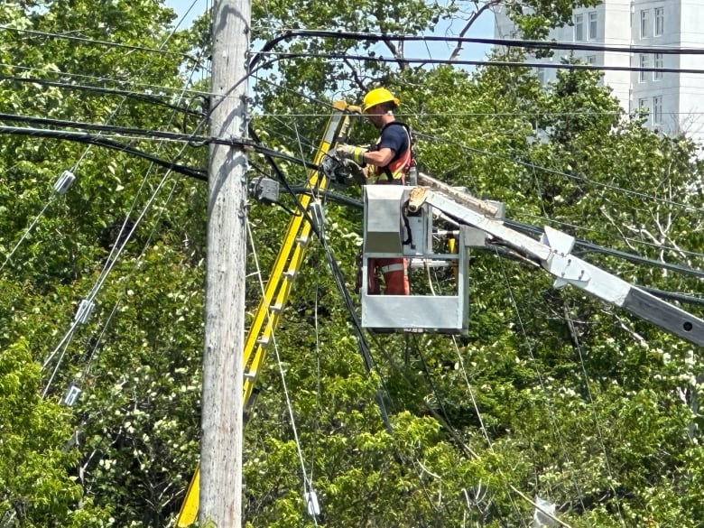 A repair technician in the bucket of a truck, near telecommunications lines.