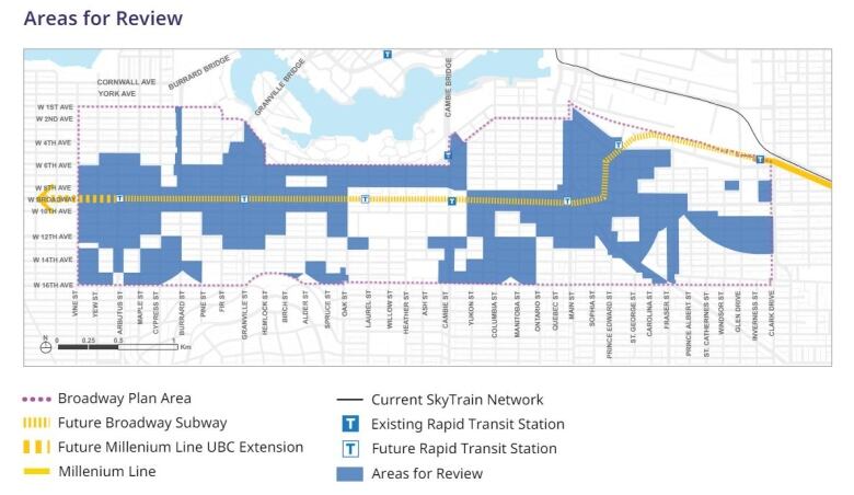 A diagram of Vancouver's Broadway corridor, showing areas in blue alongside it marked as 'areas for review'. A yellow dotted line, running west from VCC-Clark until Arbutus, represents the Millennium Line SkyTrain extension.